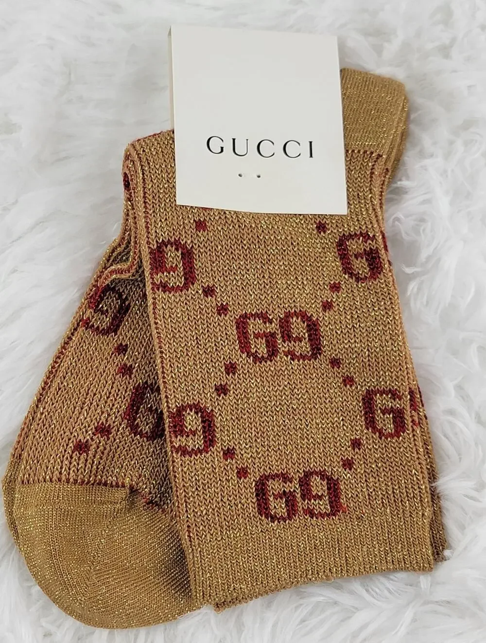 Gucci Crew Socks Unisex GG Logo Metallic 100% Authentic Beige Red Luxury New